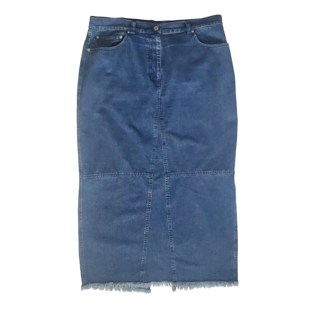 Ralph Lauren Women's Blue Denim Maxi Pencil Skirt Size 16 Patchwork Raw Edge